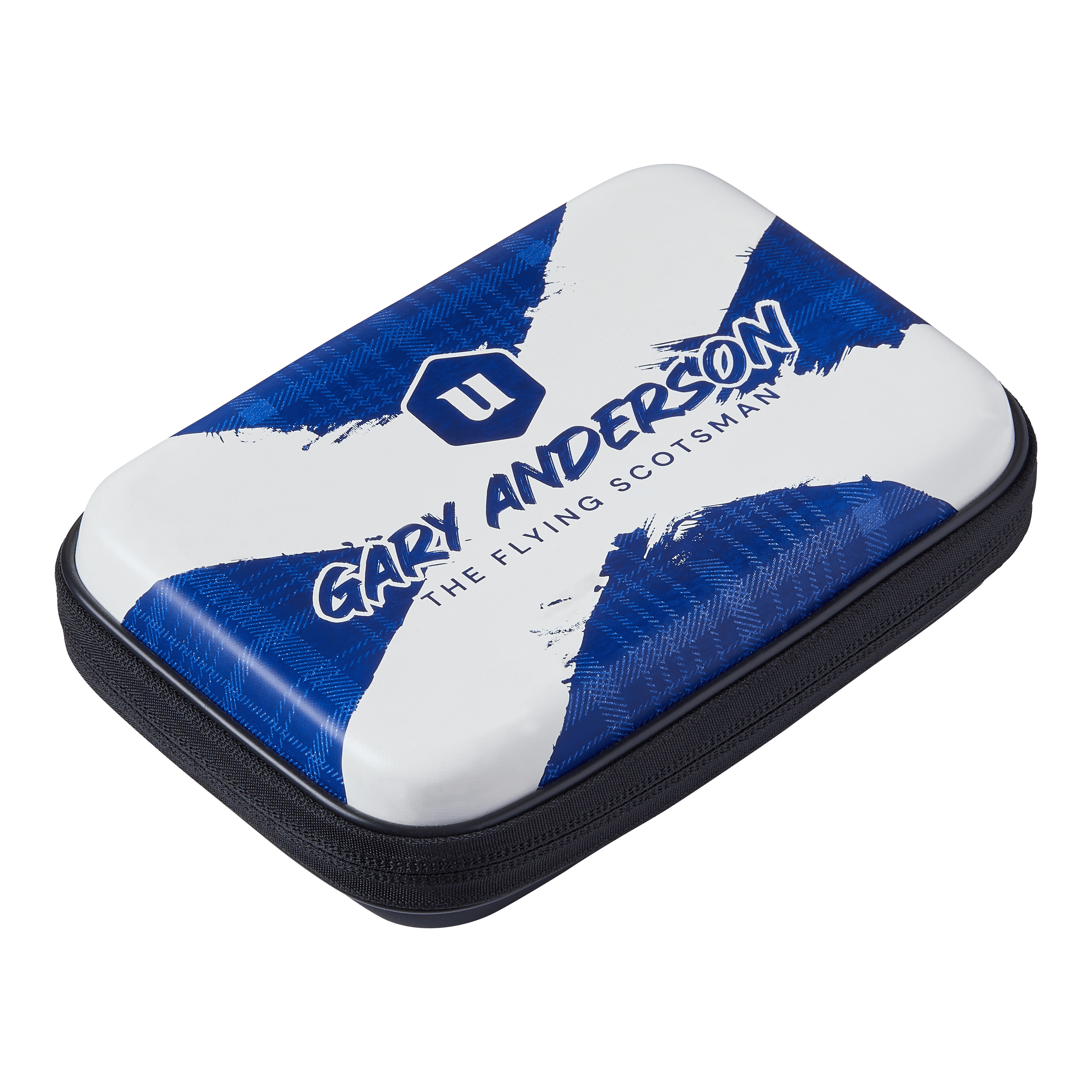 Das Bild zeigt das Produkt "Unicorn Ultra Gary Anderson Dartwallet". Die Darttasche ist mit einem blauen und weißen Design sowie dem Namen "Gary Anderson" und dem Schriftzug "The Flying Scotsman" bedruckt.
